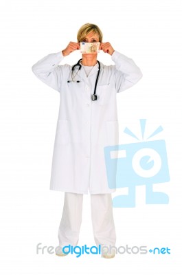 Lady Doctor With Money Stock Photo
