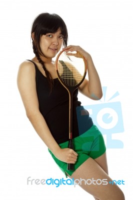 Lady Holding Badminton Racket Stock Photo