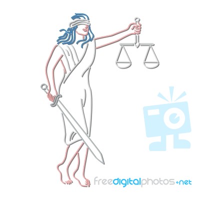 Lady Justice Holding Sword And Balance Neon Sign Stock Image