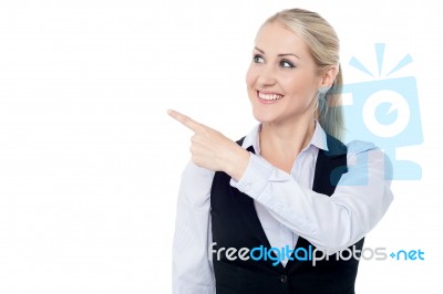 Lady Pointing Towards Copy Space Area Stock Photo