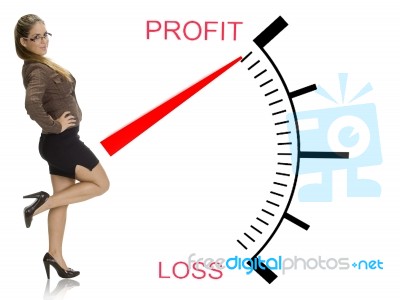 Lady Posing Near Profit Loss Meter Stock Photo