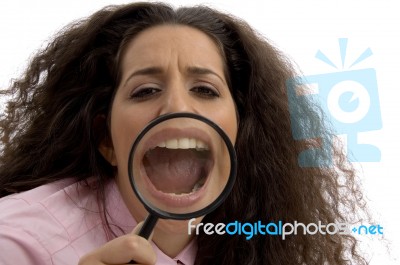 Lady With Magnified Mouth Stock Photo