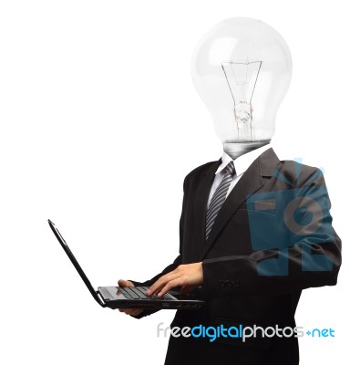 Lamp Head Businessman Holding Computer Laptop Pc Stock Image