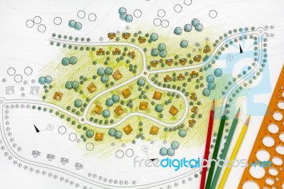 Landscape Architect Design Blueprints For Resort Stock Photo