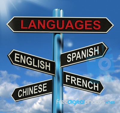 Languages Signpost Means English Chinese Spanish And French Stock Image
