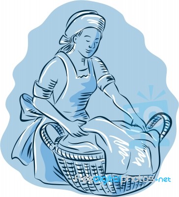 Laundry Maid Basket Vintage Etching
 Stock Image