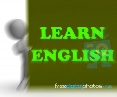 Learn English Placard Shows Foreign Language Teaching Stock Image