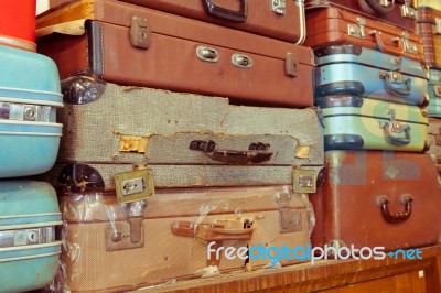 Leather Suitcases Stacked Stock Photo