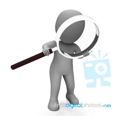 Looking Magnifier Character Shows Examining Scrutinize And Scrut… Stock Image