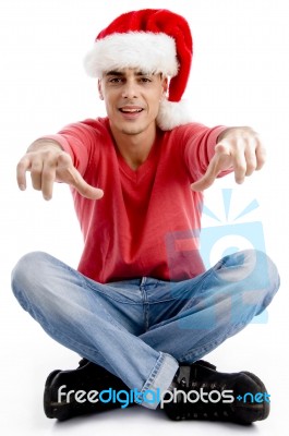 Male Wearing Christmas Hat Stock Photo