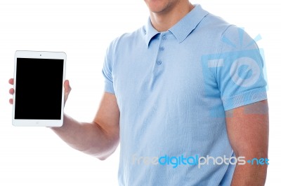 Man Displaying His New Tablet Pc Stock Photo