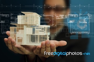 Man Holding House Model Stock Photo