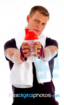 Man Looking Forward With Bottle Stock Photo