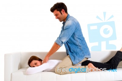 Man Massaging Her Wife Stock Photo