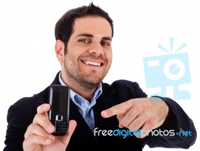 Man Pointing At Mobile Stock Photo
