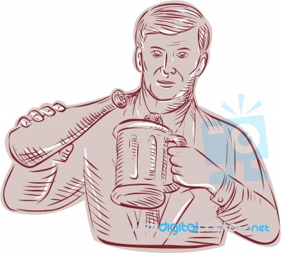 Man Pouring Beer Mug Etching Stock Image