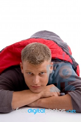 Man Resting In Sleeping Bag Stock Photo