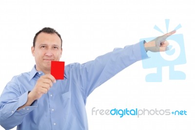 Man Shows Someone A Red Card. All Isolated On White Background Stock Photo