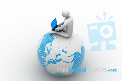 Man Sitting On Globe With The Laptop Stock Image