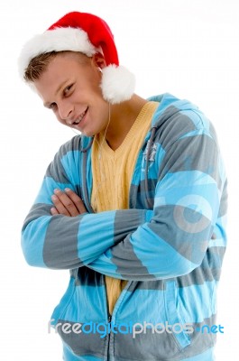 Man Wearing Christmas Hat Stock Photo