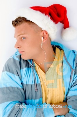 Man Wearing Christmas Hat Stock Photo