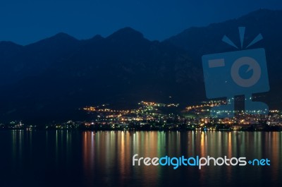 Mandello De Lario At Lake Como At Night Stock Photo