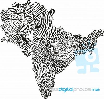Map Of Indian Subcontinent With Tiger And Leopard Background Stock Image