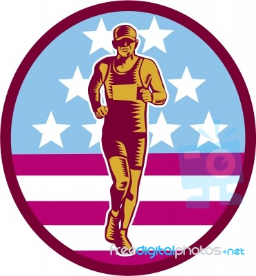 Marathon Runner Usa Flag Circle Woodcut Stock Image