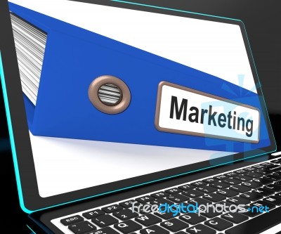 Marketing File On Laptop Shows Advertising Plans Stock Image
