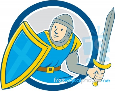 Medieval Knight Shield Sword Circle Cartoon Stock Image