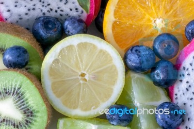 Medley Of Different Edible Fruits Ready To Eat Stock Photo