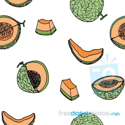 Melon, Cantalop Seamless Pattern By Hand Drawing On White Backgr… Stock Image