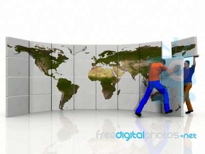 Men works with world map Stock Image