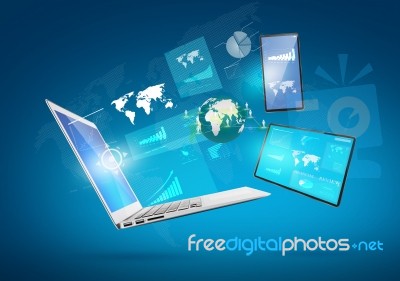 Modern Technology Thin Laptop,mobile Phone,touch Screen Device Stock Photo