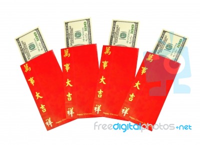 Money Dollar In Red Envelopes Stock Photo