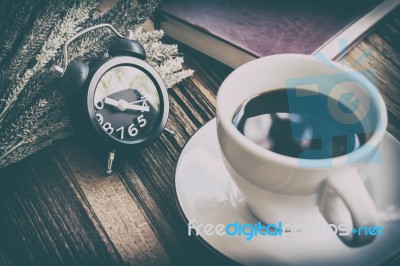 Morning Coffee, Desk Clock On The Dark Wooden Stock Photo