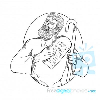 Moses With Ten Commandments Drawing Black And White Stock Image