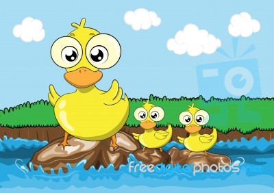 Mother Duck And Her Ducklings  Cartoon Stock Image