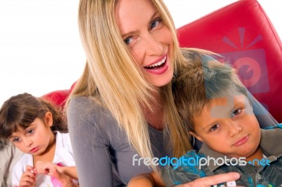 Mother With Two Children Stock Photo