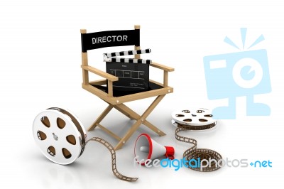 Movie Industry Producer Chair Clapper Board And Film Reel