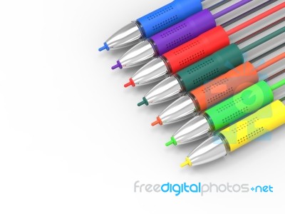 Multicolored Pens On White Copyspace Shows Felt Pens With Copy S… Stock Image