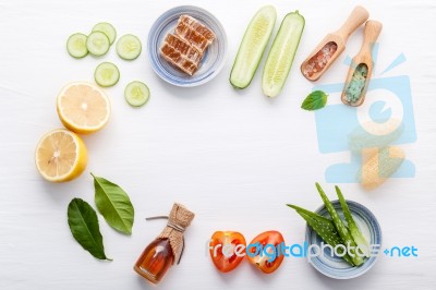 Natural Herbal Skin Care Products. Top View Ingredients Cucumber… Stock Photo