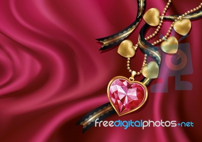 Necklace Heart On Red Silk Stock Image