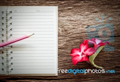 Notebook And Desert Rose Flowers On Old Wooden Background. Vintage Style Stock Photo