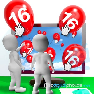 Number 16 Balloons From Monitor Show Internet Invitation Or Cele… Stock Image