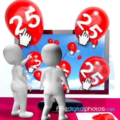 Number 25 Balloons From Monitor Show Internet Invitation Or Cele… Stock Image