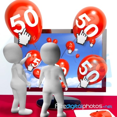 Number 50 Balloons From Monitor Show Internet Invitation Or Cele… Stock Image