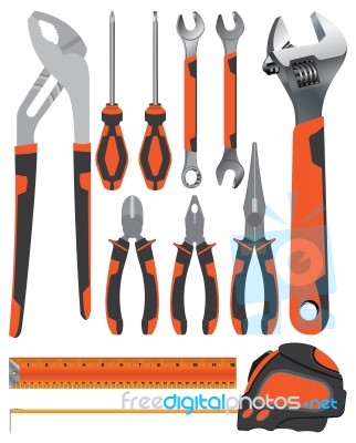 Object Tool. Pliers With Wrench And Screwdriver On A Orange And Dark Grey Isolated On White Background. Tool Service Stock Image