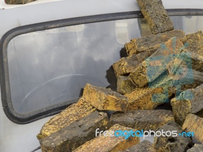 Old Car After Bricks Fallen On It Stock Photo