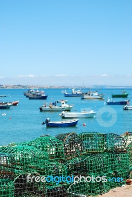 Old Fishing Equipment In The Port Of Cascais, Portugal Stock Photo